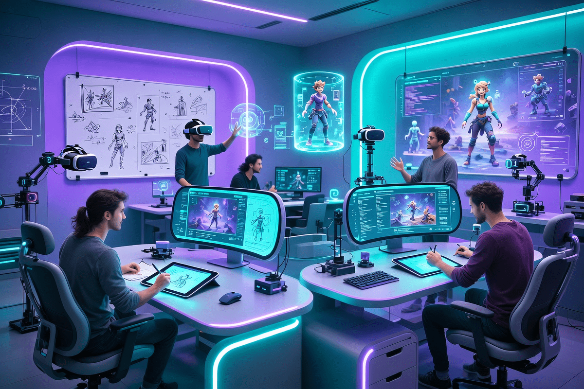 Creative game development team at work